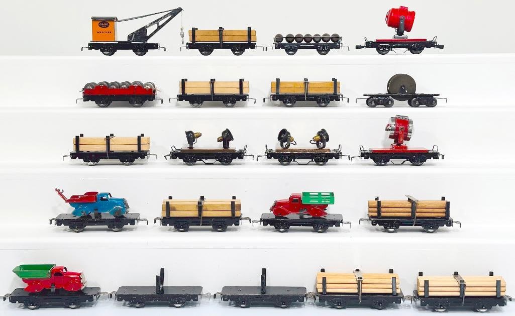 Marx Prewar O Gauge Twenty-One (21) Assorted 6 inch Work Cars: Marx Prewar O Gauge Twenty-One (21) Assorted 6 inch Work Cars, each in C6 plus to C7.