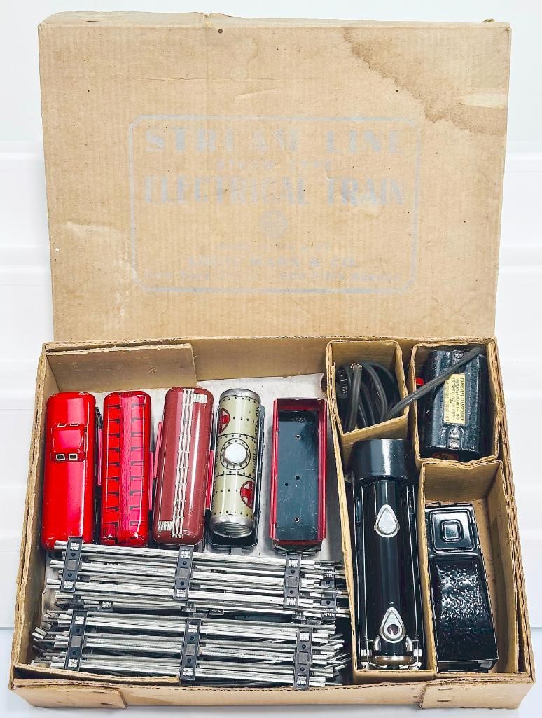 Marx Prewar O Gauge Set No. 3987/12 CP Freight Set: Marx Prewar O Gauge Set No. 3987/12 CP Freight Set, with the CP Loco in C6 plus or better, the NYC 4 wheel Tender in C7, the 552 Gondola in C7 minus, 553 in C6 plus, 559 Livestock in C6 plus, the