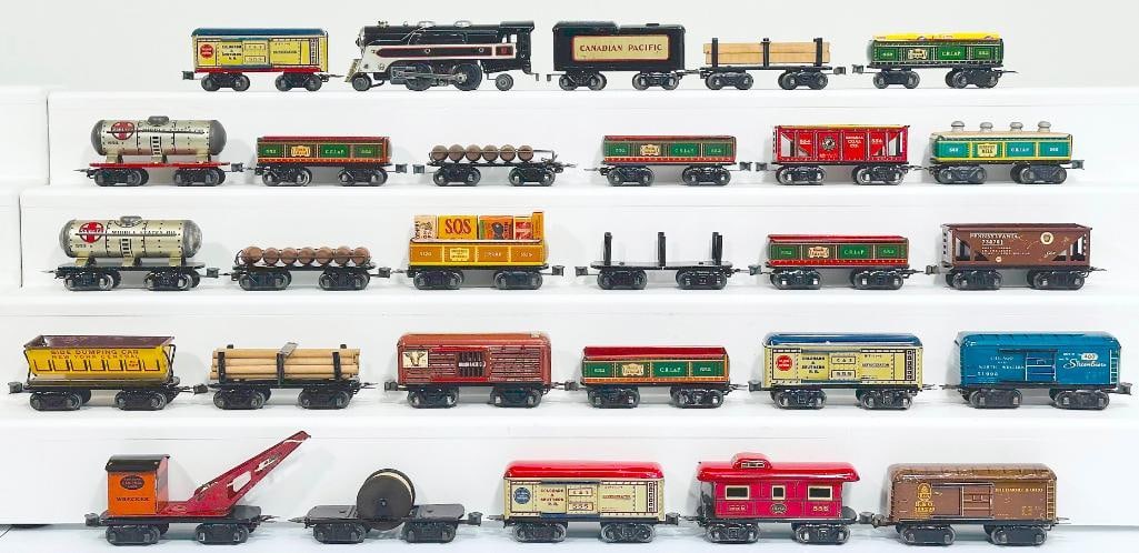 Marx Prewar O Gauge 6 inch 8 wheel Twenty-six (26) Assorted Freight Cars/ CP Locomotive and Tender (1 of 9)