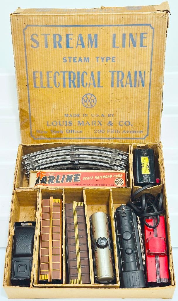 Marx Prewar O Gauge Set No. 25225 Black Locomotive 8 wheel Freight Set Boxed: Marx Prewar O Gauge Set No. 25225 Black Locomotive 8 wheel Freight Set Boxed, with the black Locomotive and 8 wheel NYC Tender, each in C7, and including AT&SF Livestock Car in C7, Pennsylvania Box