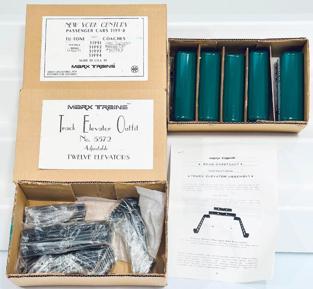 New Marx Modern O Gauge New York Century Passenger Cars 5199 - 8 green Boxed/Track Elevator Outfit: New Marx Modern O Gauge New York Century Passenger Cars 5199 - 8 green Boxed/Track Elevator Outfit No. 5572 Adjusted 12 Elevators, each in C8 minus or better and each with its original Master Carton.