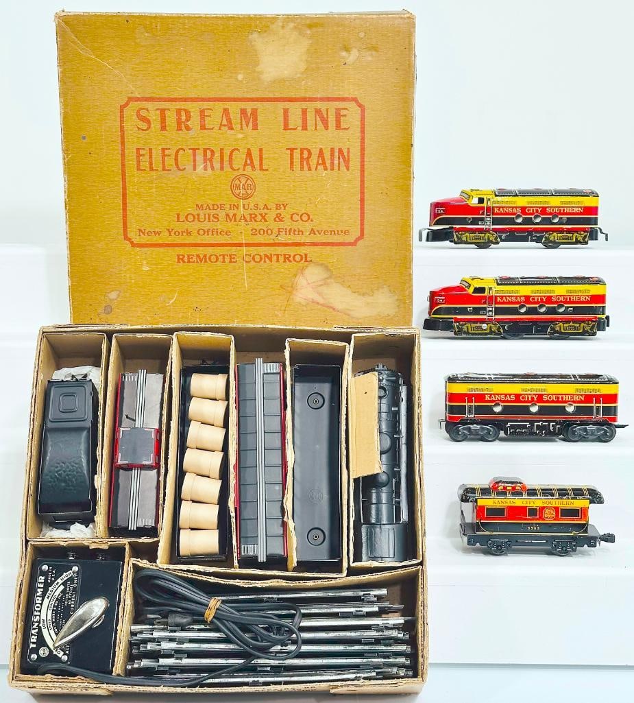 Marx Postwar O Gauge 999 Freight Set and Kansas City Southern A - B - A Diesel Units and Caboose: Marx Postwar O Gauge 999 Freight Set and Kansas City Southern A - B - A Diesel Units and Caboose, with the Kansas City Southern A - B - A Diesel Units, in C6 plus to C7 minus, and the Kansas City