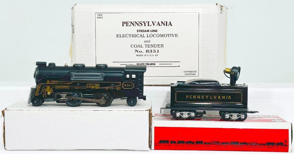 New Marx Modern O Gauge Pennsylvania Streamline Electrical Locomotive and Coal Tender No. 8351: New Marx Modern O Gauge Pennsylvania Streamline Electrical Locomotive and Coal Tender No. 8351, each in C8 or better and with its original box.