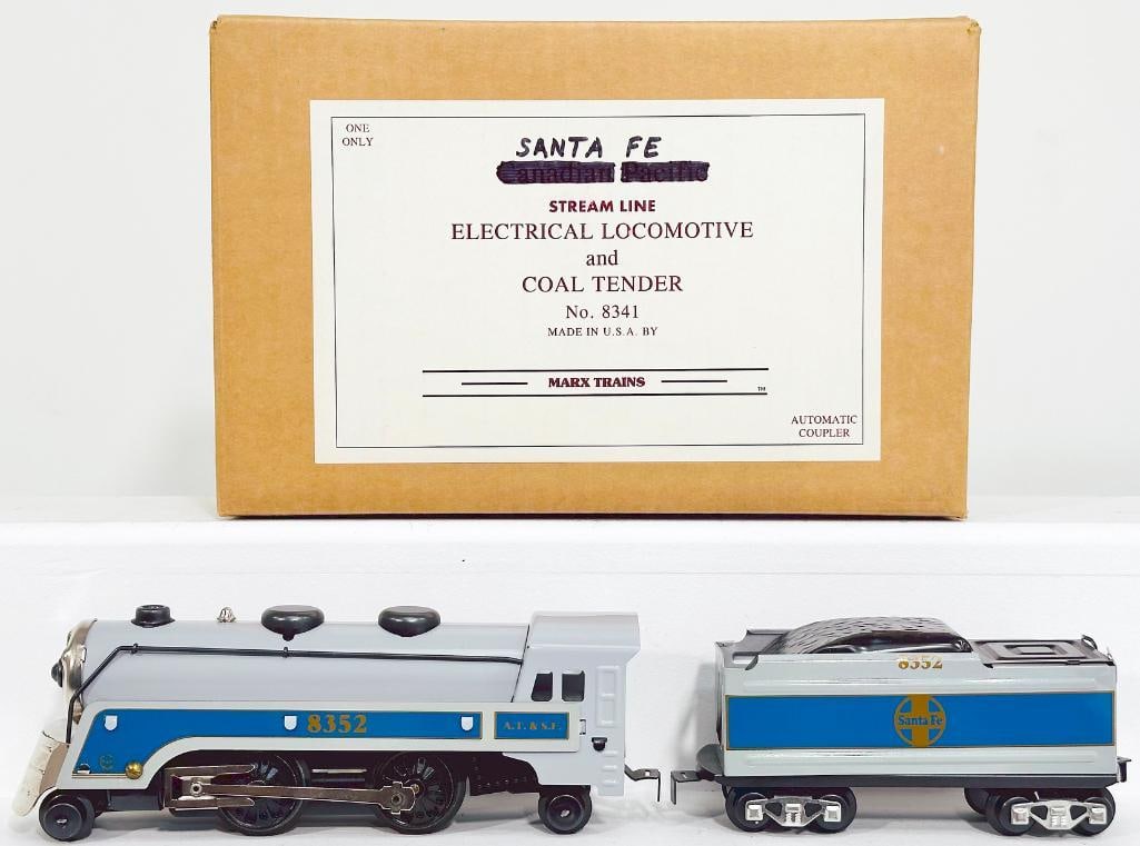 New Marx Modern O Gauge Santa Fe Streamline Electrical Locomotive and Coal Tender No. 8341 Boxed: New Marx Modern O Gauge Santa Fe Streamline Electrical Locomotive and Coal Tender No. 8341 Boxed, in C8 or better and with its original box.