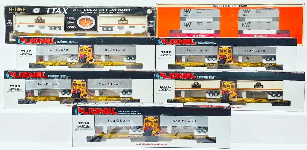 Lionel Modern O Gauge Southern Pacific TTUX-Sealand TTUX Flat Car Set X4-N&W Maxi Stack Flat Car (1 of 5)