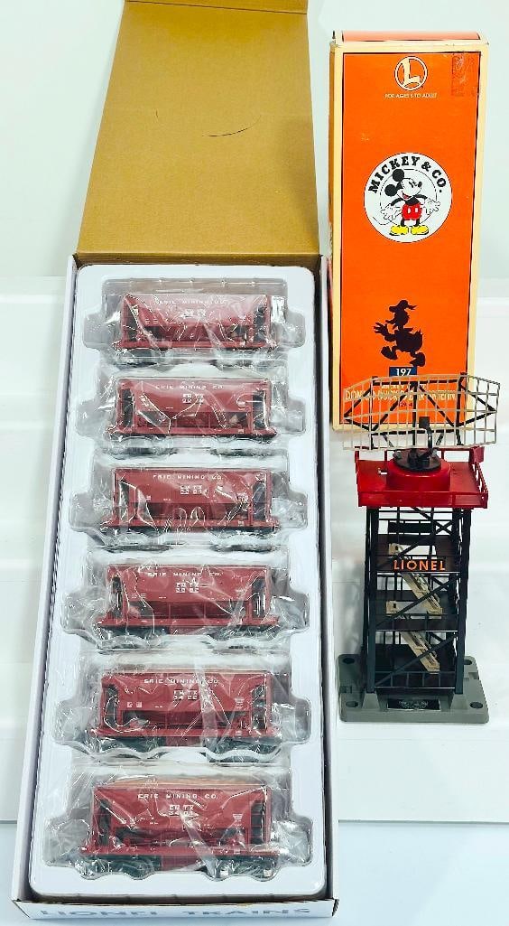 Lionel Modern O Gauge Erie Mining Ore Car 6 Pack Boxed/ 197 Mickey & Co. Donald Duck Radar Antenna: Lionel Modern O Gauge Erie Mining Ore Car 6 Pack Boxed and 197 Mickey & Co. Donald Duck Radar Antenna Boxed, in C8 for the Erie Set and C7 for the 197, and each with its original box. With respect to