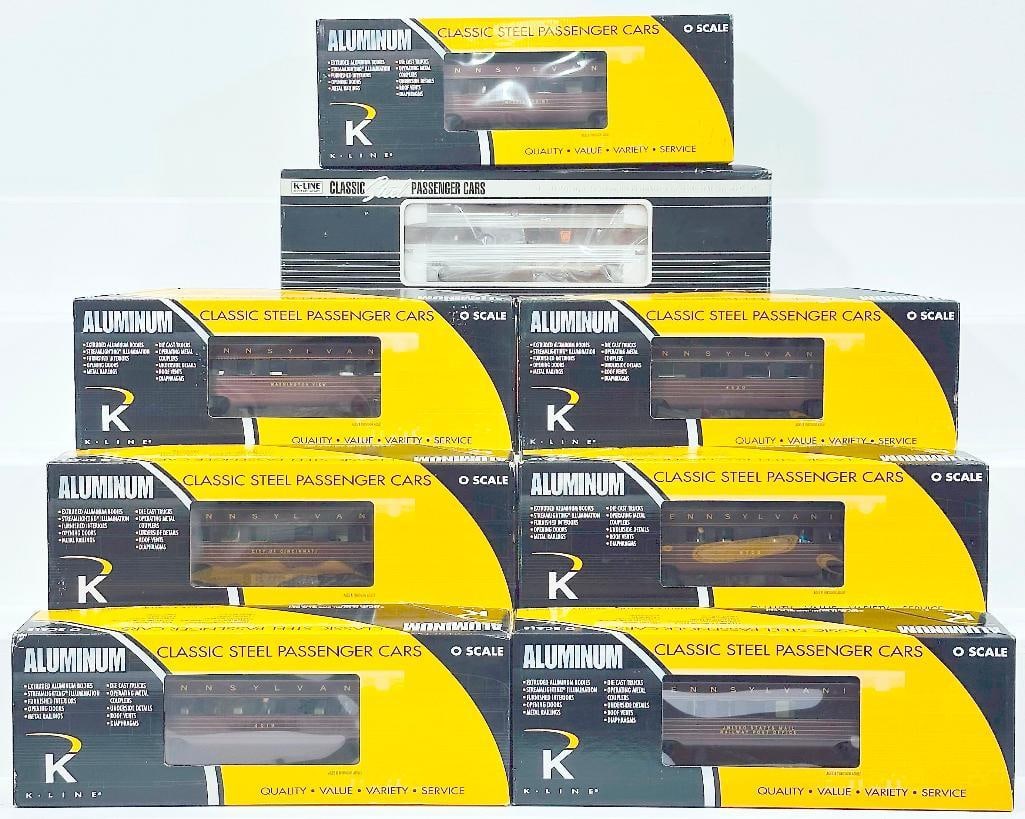 K-Line Modern O Gauge Eight (8) Assorted Passenger Cars Boxed: K-Line Modern O Gauge Eight (8) Assorted Passenger Cars Boxed, including PRR Business Car, PRR Fleet of Modernism Washington View 15 inch Aluminum Passenger Car, PRR Fleet of Modernism United States