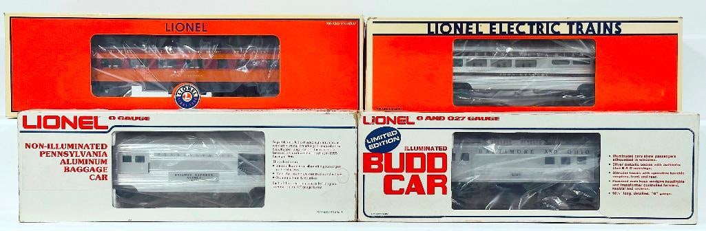 Lionel Modern O Gauge Milwaukee Road Olympian Heavyweight Station Sounds Diner: Lionel Modern O Gauge Milwaukee Road Olympian Heavyweight Station Sounds Diner/Pennsylvania John Hancock Aluminum Dining Car/Budd Baggage Car Dummy/Pennsylvania Non-illuminated Aluminum Baggage Car Bo