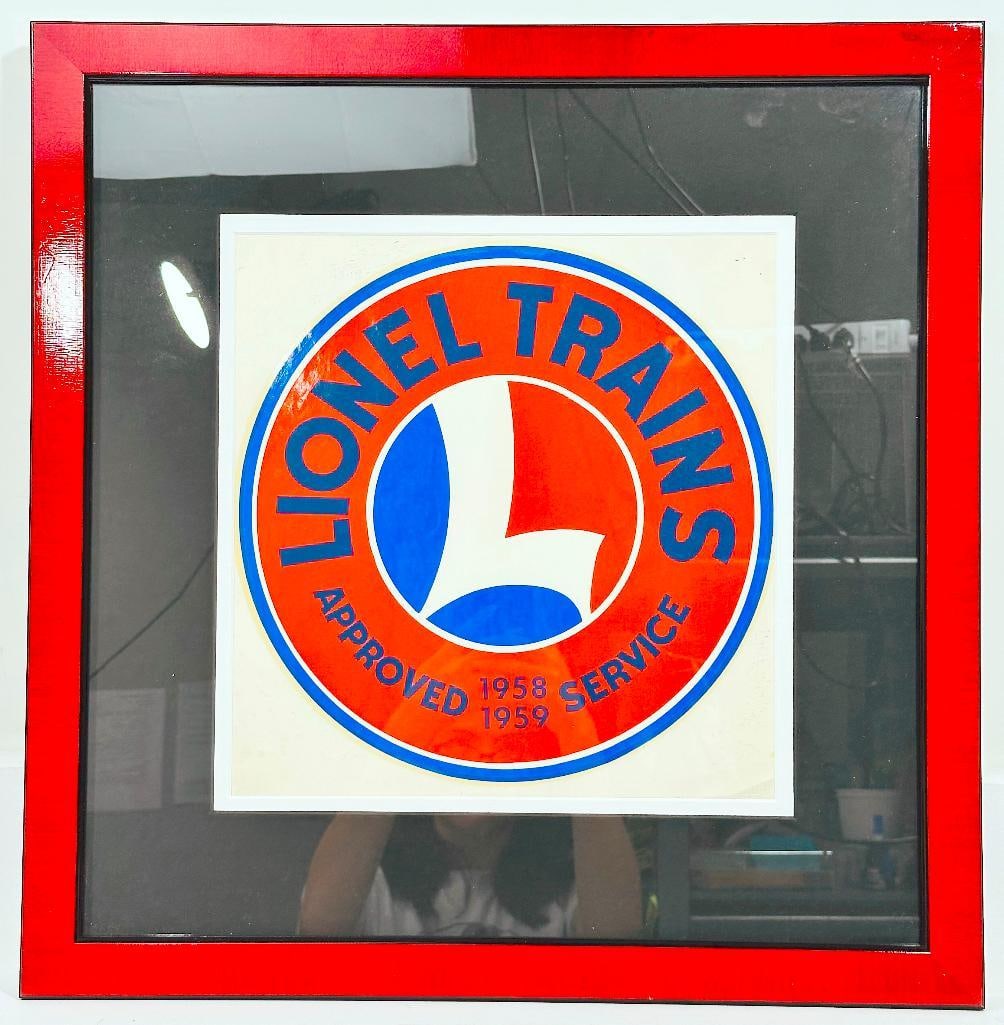 Lionel Postwar Service Station Dealer Sticker 1958 Framed: Lionel Postwar Service Station Dealer Sticker 1958 Framed, in C8 and beautifully framed.