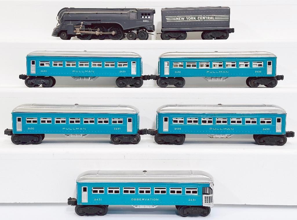 Lionel Postwar O Gauge 221 Gray Locomotive and 221W NYC Gray Tender/Five (5) Assorted Passenger Cars (1 of 6)