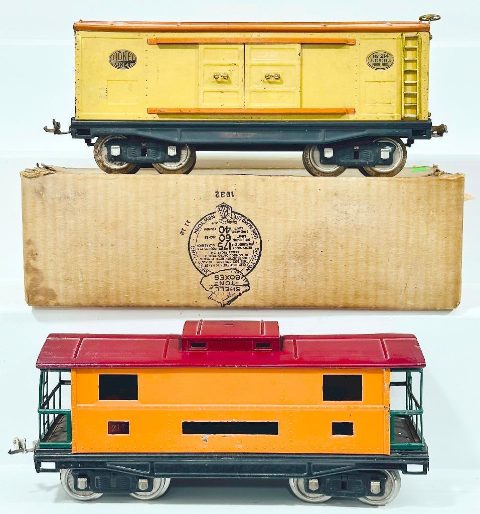 Lionel Prewar Standard Gauge 217 Orange/ Maroon Roof Caboose and 214 Cream/Orange Roof Box Car Boxed (1 of 8)
