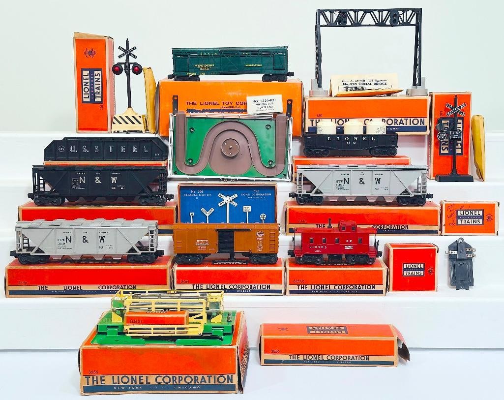 Lionel Postwar O Gauge 3356 Operating Horse Car and Corral/3656 Operating Cattle Car/6 Assorted Cars: Lionel Postwar O Gauge 3356 Operating Horse Car and Corral/3656 Operating Cattle Car/ Six (6) Assorted Freight Cars Boxed, including 3356 Operating Horse Car and Corral, each in C7 plus and includes o