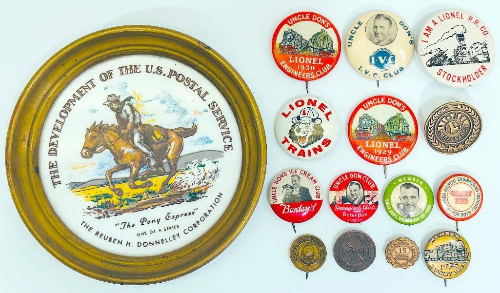 Lionel Postwar O Gauge Uncle Don Club Pins and Gilbert Toys Pins and Engineers Gold Pins and Autos (1 of 3)