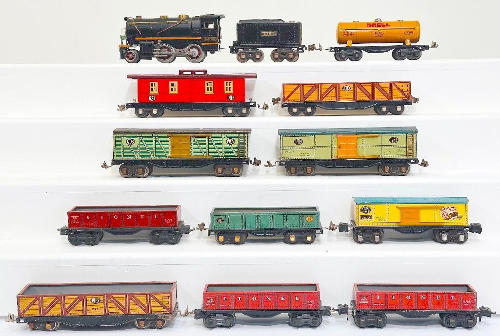 Ives Prewar O Gauge 257 Locomotive with Orange stripe and 257T Tender with Assorted Freight Cars (1 of 8)