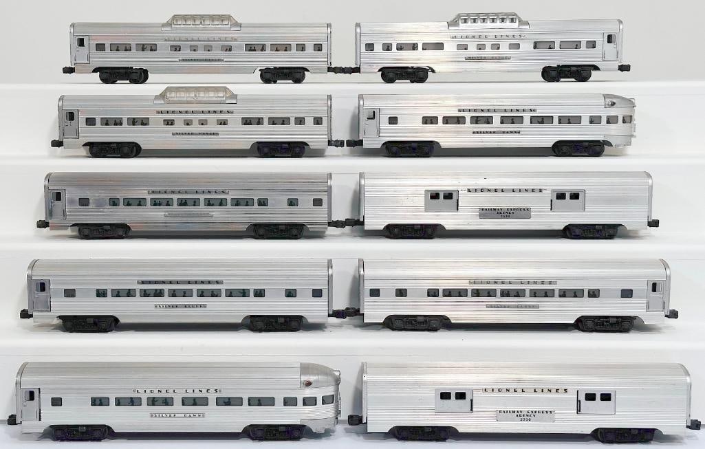 Lionel Postwar O Gauge Ten (10) Assorted Aluminum Passenger Cars: Lionel Postwar O Gauge Ten (10) Assorted Aluminum Passenger Cars, including 2532 in C7 minus, 2531 in C7 minus, 2533 in C6 plus, 2534 in C7 minus, 2530 in C6 plus, 2530 in C7 minus, 2531 in C6, 2533 i