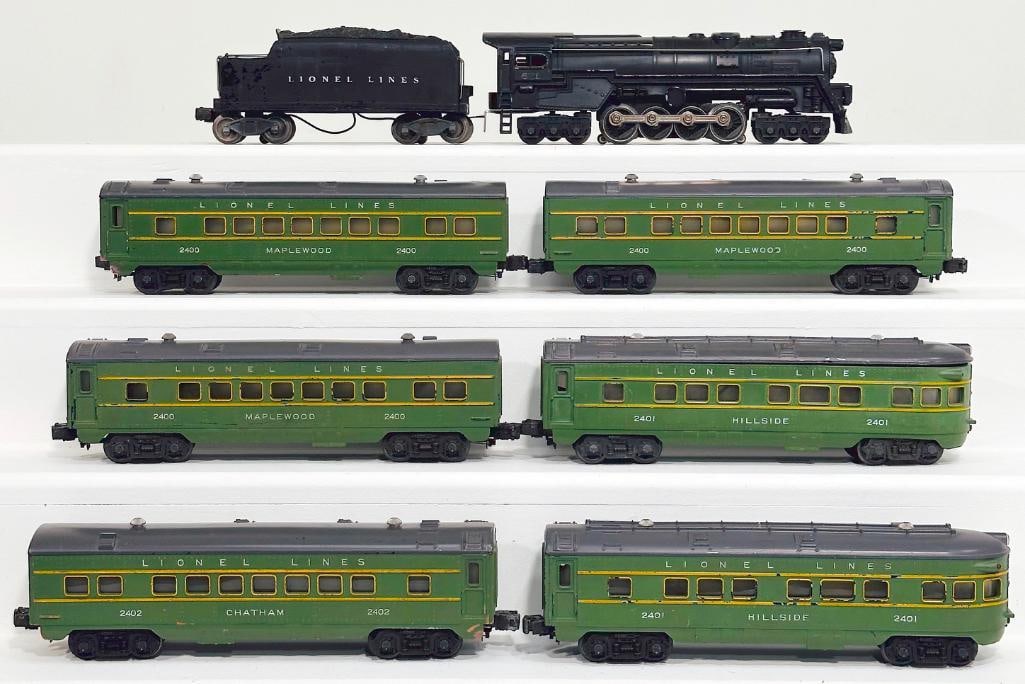 Lionel Postwar O Gauge 671 Locomotive and 671W Tender/ Six Assorted Green/Gray Roof Passenger Cars (1 of 8)