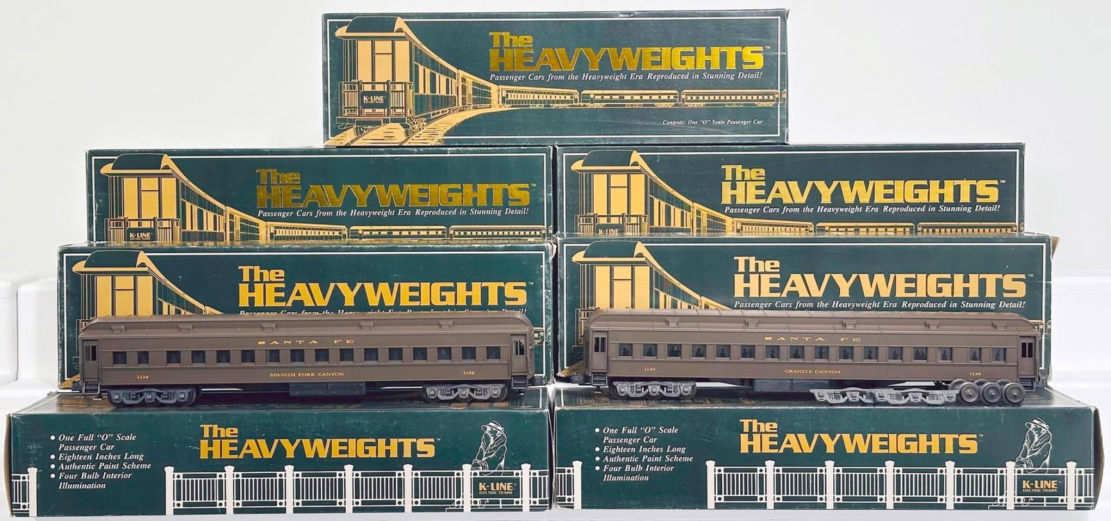 K-Line Modern O Gauge Seven (7) Assorted Santa Fe Heavyweight Passenger Cars Boxed: K-Line Modern O Gauge Seven (7) Assorted Santa Fe Heavyweight Passenger Cars Boxed, including Santa Fe Coach, Santa Fe Dining Car, Santa Fe Baggage Car, Undecorated Coach, Santa Fe Café Observation,