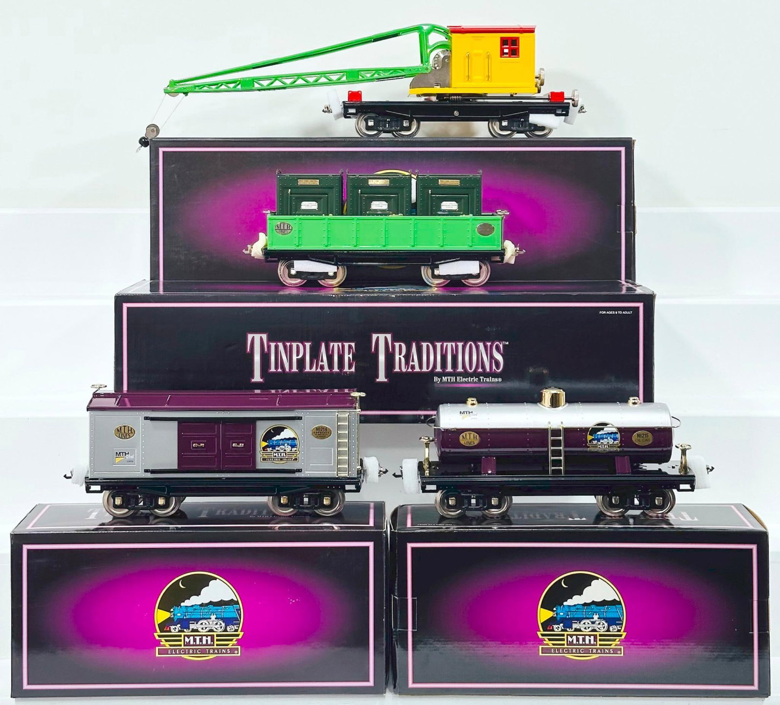 MTH Tinplate Traditions Modern Standard Gauge 200 Series Tank Car/214 Box Car/212 Gondola (1 of 8)