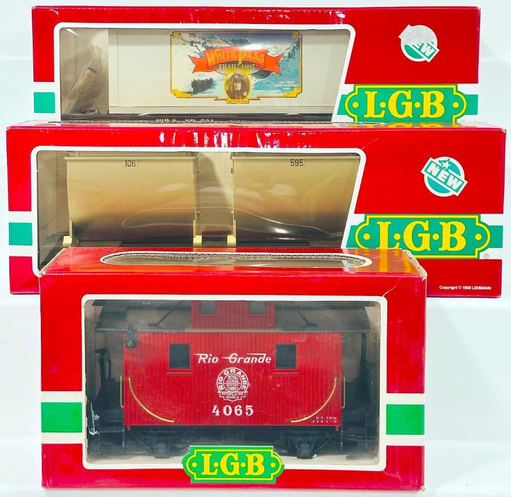 LGB Modern G Scale 4065 Rio Grande Caboose/4086 Double Dump Car/42850 Flat Car with Load Boxed (1 of 6)