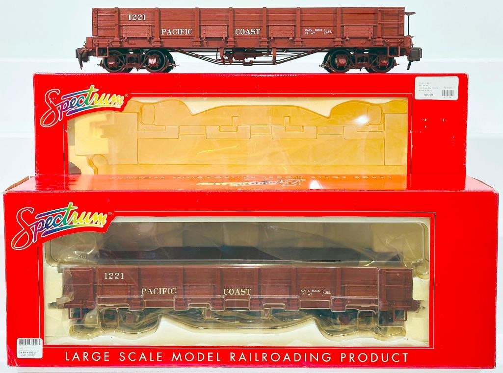 Spectrum Modern G Scale LS Low Side Gondola Pacific Coast Boxed X2: Spectrum Modern G Scale LS Low Side Gondola Pacific Coast Boxed X2, each in C8 and each with its original box. The longest item in this Lot is 25 inches.
