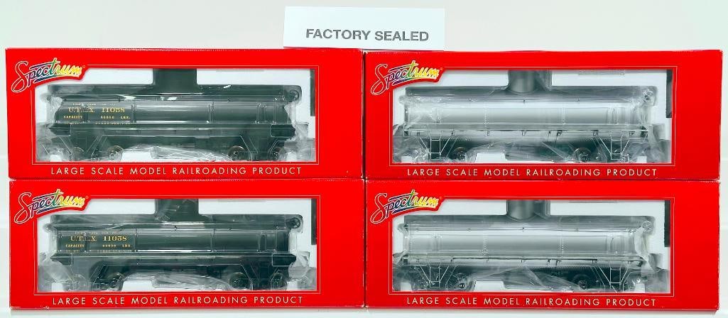 Spectrum Modern G Scale LS Frameless Tank Car UTLX Boxed X2/ LS Frameless Tank Car Painted Boxed X2: Spectrum Modern G Scale LS Frameless Tank Car UTLX Boxed X2 and LS Frameless Tank Car Painted and Unlettered Silver Boxed X2, each in C8 and each with its original box. The longest item this Lot is 25