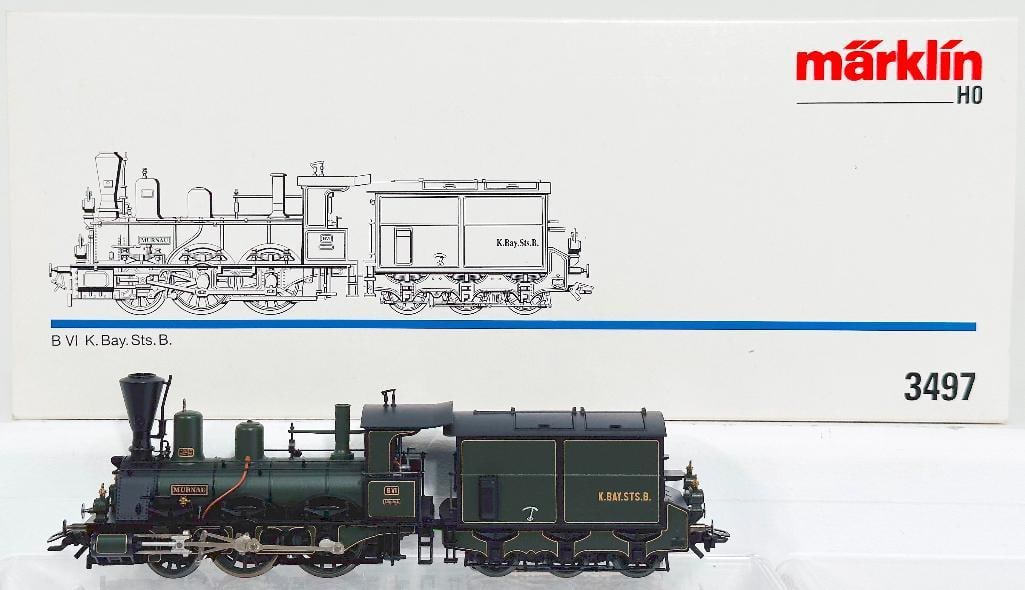 Marklin Modern HO Scale #3497 0 - 6 - 0 B VI K. Bay Sts. B Locomotive and Tender Boxed: Marklin Modern HO Scale #3497 0 - 6 - 0 B VI K. Bay Sts. B Locomotive and Tender Boxed, in C8 or better and with its original box - conventional. Longest item in this Lot is 11 inches.