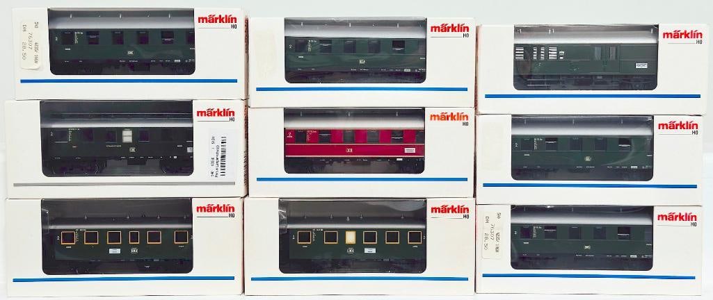 Marklin Modern HO Scale Nine (9) Assorted Passenger Cars Boxed: Marklin Modern HO Scale Nine (9) Assorted Passenger Cars Boxed, including 4235, 43060, 4301, 4235, 4335, 4301, 42352, 4235 and 4235, each in C8 or better and each with its original box. The longest of