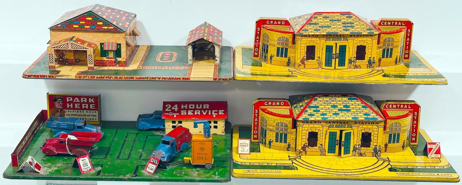 Marx Postwar Toys Assorted Grand Central Station - Home and Garage - 24 hour Service Station: Marx Postwar Toys Assorted Grand Central Station - Home and Garage - 24 hour Service Station with vehicles, in C6 to C7. Due to the size and volume of this Lot, it will be costly to ship. There are no