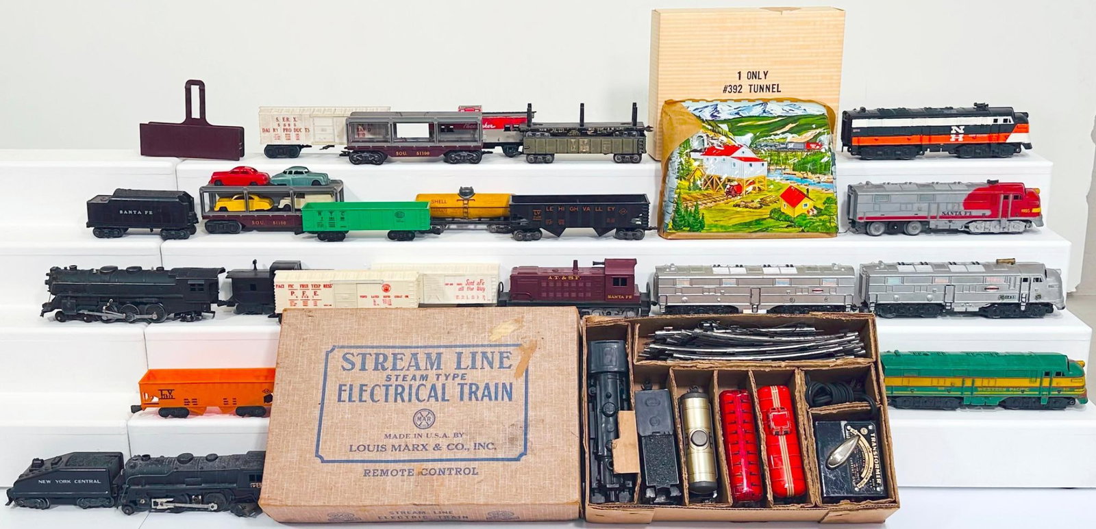 Marx Prewar and Postwar O Gauge Assorted Freight Cars/Diesel Units/Passenger Cars/ 392 Tunnel Boxed (1 of 5)
