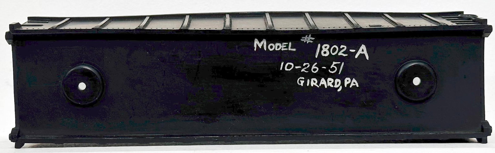 Marx Postwar O Gauge Gondola shell only Factory Prototype: Marx Postwar O Gauge Gondola shell only Factory Prototype, Model #1802-A, dated October 26, 1951, in Girard, PA, in C6 because of bends to the plastic sides.