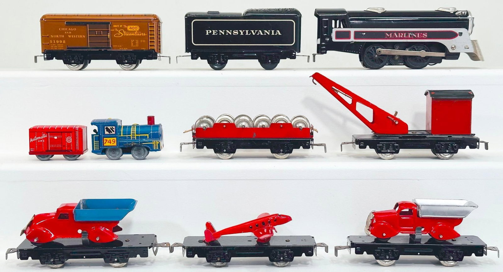 Marx Postwar O Gauge Marlines 0-4-0 Locomotive and Pennsylvania Tender and Six (6) Assorted Freights (1 of 6)