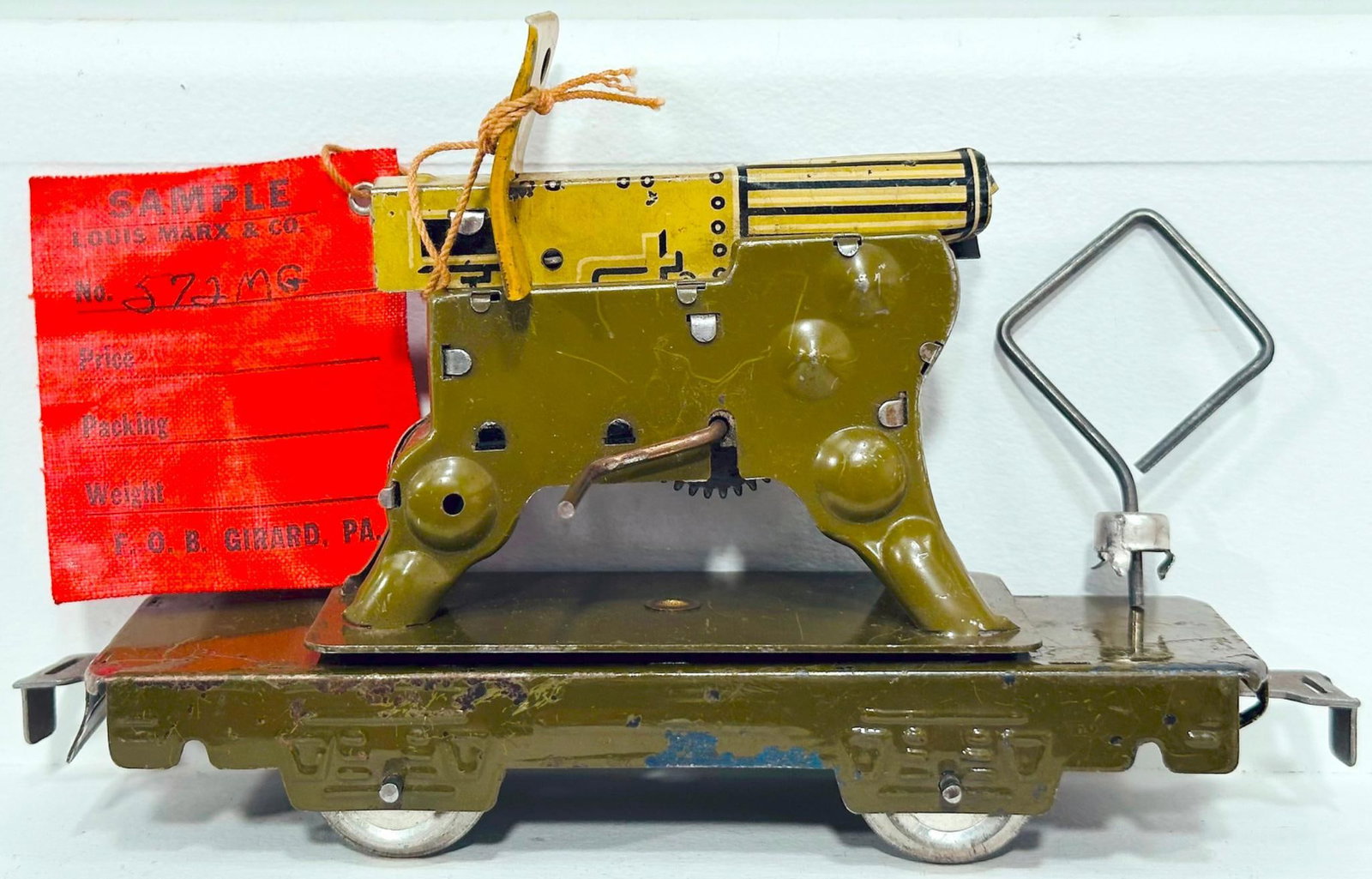Marx Prewar O Gauge Factory Archive Sample No. 572MG Gatlin Gun on Flat Car (1 of 7)