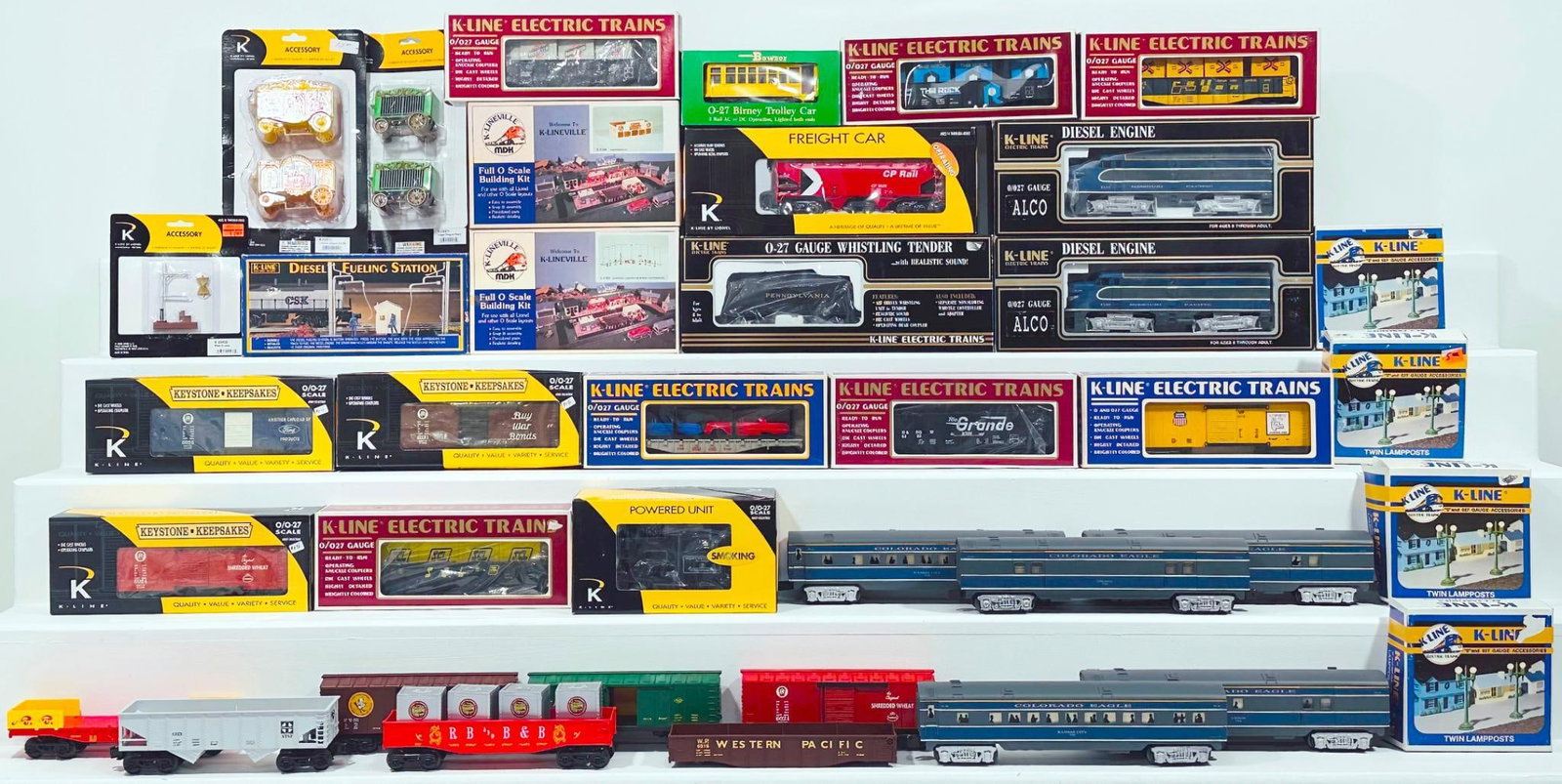 K-Line Modern O Gauge Assorted Freight Cars with original Boxes/Missouri Pacific Alco A Powered Unit: K-Line Modern O Gauge Assorted Freight Cars with original Boxes/ Missouri Pacific Alco A Powered Unit and Alco Dummy A Unit Boxed and Assorted Freight Cars and Work Caboose and CNWS - Switcher, each i