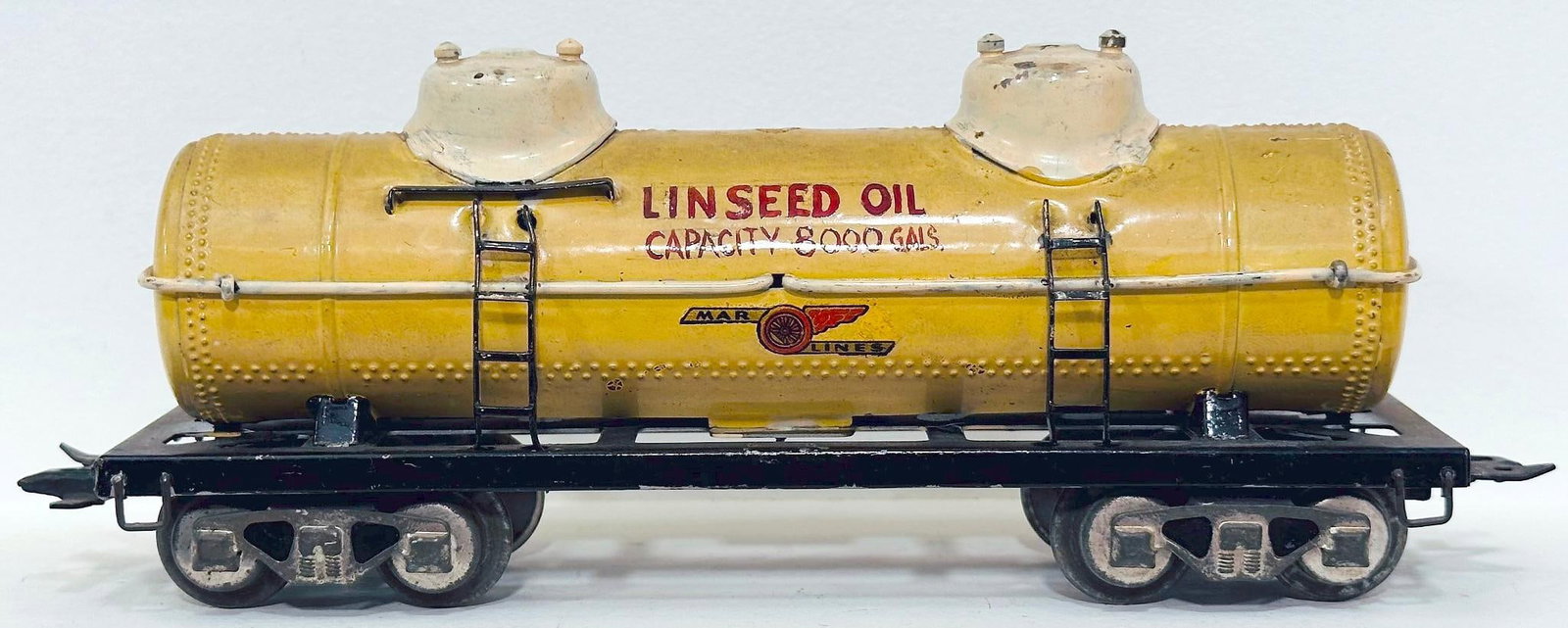 Marx Postwar O Gauge Factory Prototype Hand Painted Linseed Oil Tank Car: Marx Postwar O Gauge Factory Prototype Hand Painted Linseed Oil Tank Car, #unknown, dated October 30, 1946, in C7 minus or better. Longest item in this Lot is 9 inches.