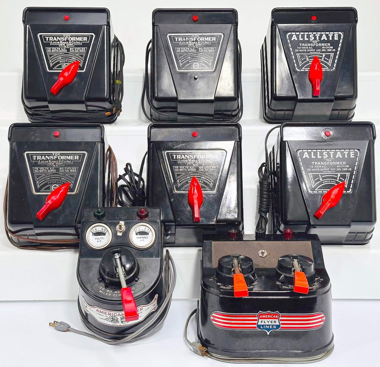 Marx Postwar Allstate Toy Transformer 150 Watts X6: Marx Postwar Allstate Toy Transformer 150 Watts X6, with one in C7 plus and the others in C6, and one (1) missing a handle. This Lot also includes two (2) American Flyer transformers, each in C5 to C6