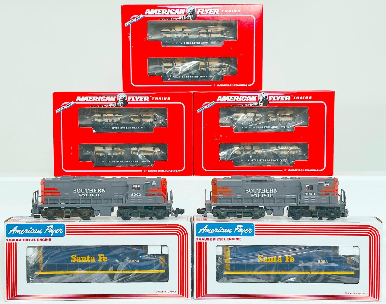 Lionel American Flyer Modern S Gauge U.S. Army Flat Car with Tanks Boxed X3/Santa Fe GP-9 Nonpowered (1 of 10)