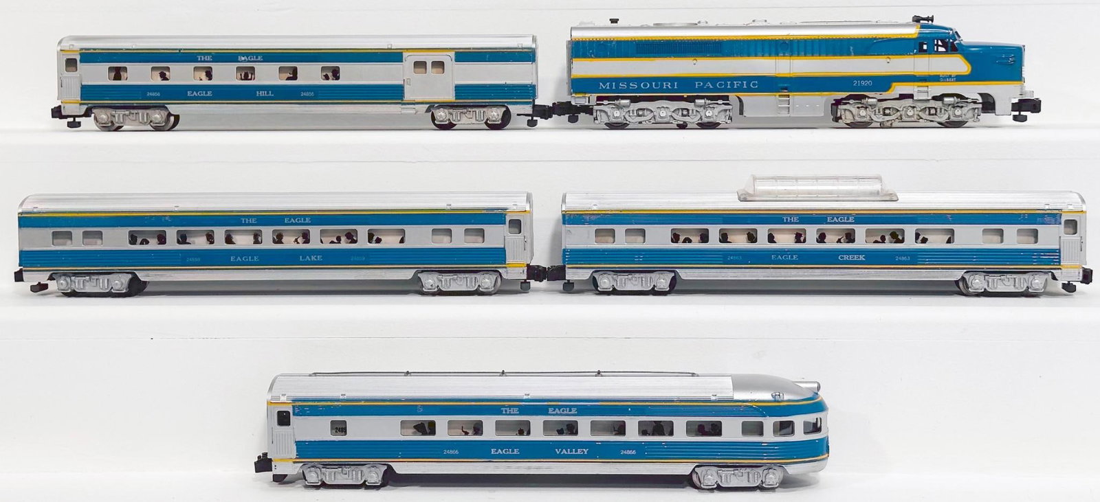 American Flyer Postwar S Gauge 21920 Missouri Pacific Passenger Set: American Flyer Postwar S Gauge 21920 Missouri Pacific Passenger Set, with the 21920 A Powered Missouri Pacific Diesel Unit in C7 or better, and includes the 24859, 24856, 24863 and 24866 Missouri Paci