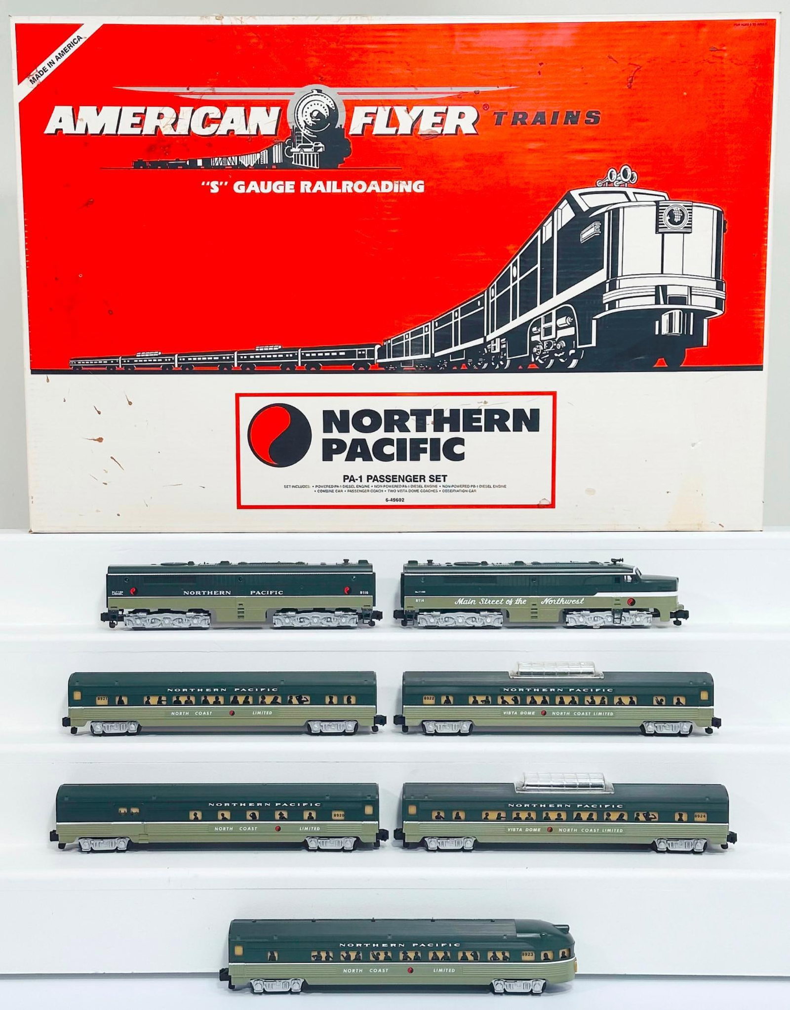 Lionel American Flyer Modern S Gauge A - B Alco Northern Pacific Diesel Units/Five (5) Assorted Cars: Lionel American Flyer Modern S Gauge A - B Alco Northern Pacific Diesel Units and Five (5) Assorted Passenger Cars, each in C7 plus or better. This Lot includes the original Northern Pacific Set Box a