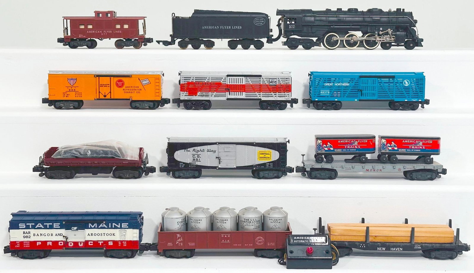 American Flyer Postwar S Gauge 322 New York Central 4 - 6 - 4 Locomotive and Tender/ Ten (10) Cars: American Flyer Postwar S Gauge 322 New York Central 4 - 6 - 4 Locomotive and Tender and Ten (10) Assorted Freight Cars, with the 322 in C7, and includes 988 in C7 plus, 981 in C7 plus, 982 in C7 plus,