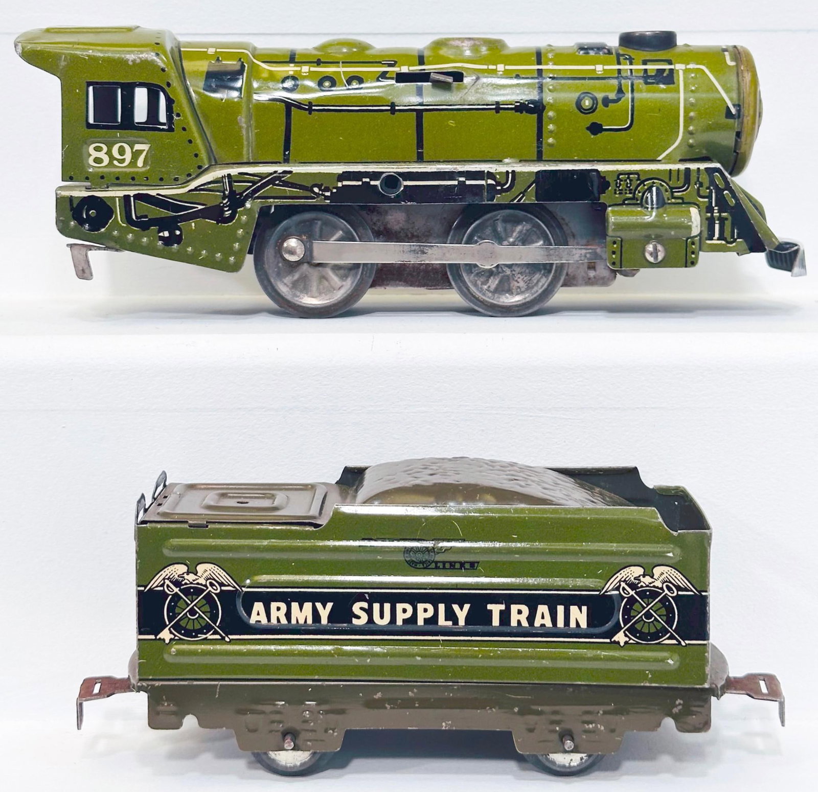 Marx Postwar O Gauge 897 Clockwork 0 - 4 - 2 Steam Locomotive with 451 "Notchat" Tuck Square Corner: Marx Postwar O Gauge 897 Clockwork 0 - 4 - 2 Steam Locomotive with 451 "Notchat" Tuck Square Corner Tender Army Supply Train with black stripe, in Litho with black/white, each in C7. Longest item in t