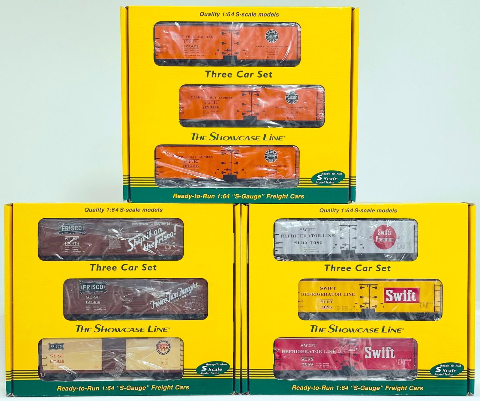 S - Helper Modern S Gauge Rebuilt SL & SF 3 Car Set/Reefer SLX 3 Car Set /PFE orange 3 Car Set Boxed (1 of 6)