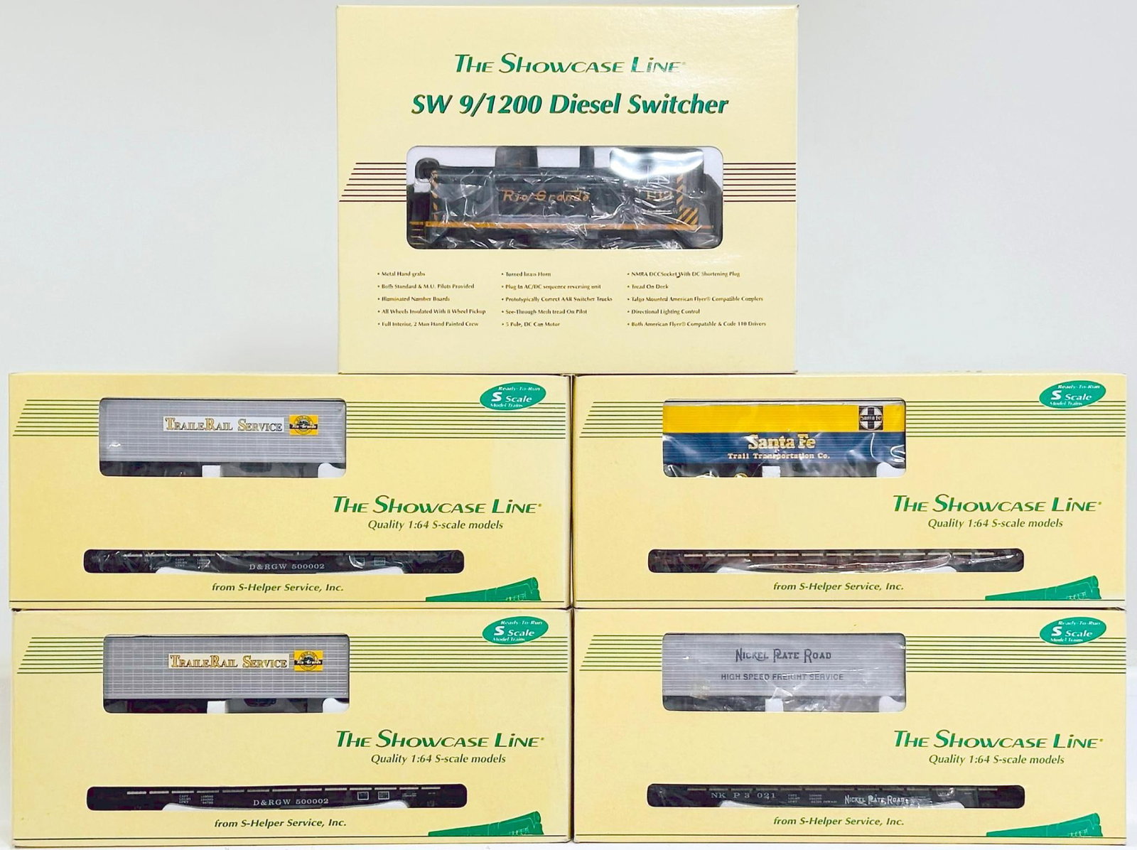 S - Helper Modern S Gauge Four (4) Assorted Freight Cars and D&RGW SW-9 Switcher Boxed (1 of 6)
