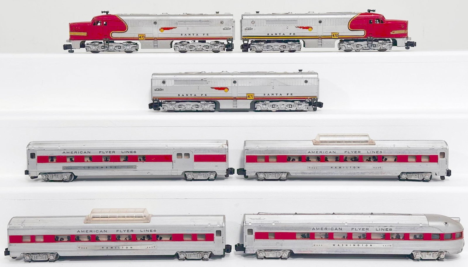 American Flyer Postwar S Gauge 470 - 471 - 473 Santa Fe Alco A - B - A Diesel Units/Four (4) Cars: American Flyer Postwar S Gauge 470 - 471 - 473 Santa Fe Alco A - B - A Diesel Units and Four (4) Assorted Red Striped Window Passenger Cars, with the 470, 471 and 473, each in C6 plus or better, and