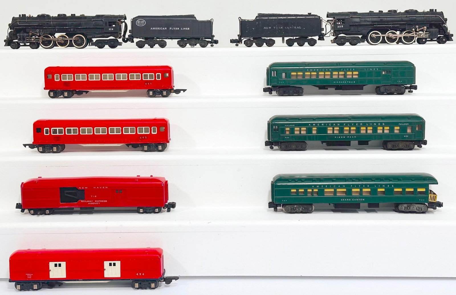 American Flyer Postwar S Gauge 322 New York Central Locomotive and Tender/ 326 Locomotive and Tender: American Flyer Postwar S Gauge 322 New York Central Locomotive and Tender and 326 Locomotive and Tender and Seven (7) Assorted Passenger Cars, with the 322 in C6, the 326 in C6 plus, and including