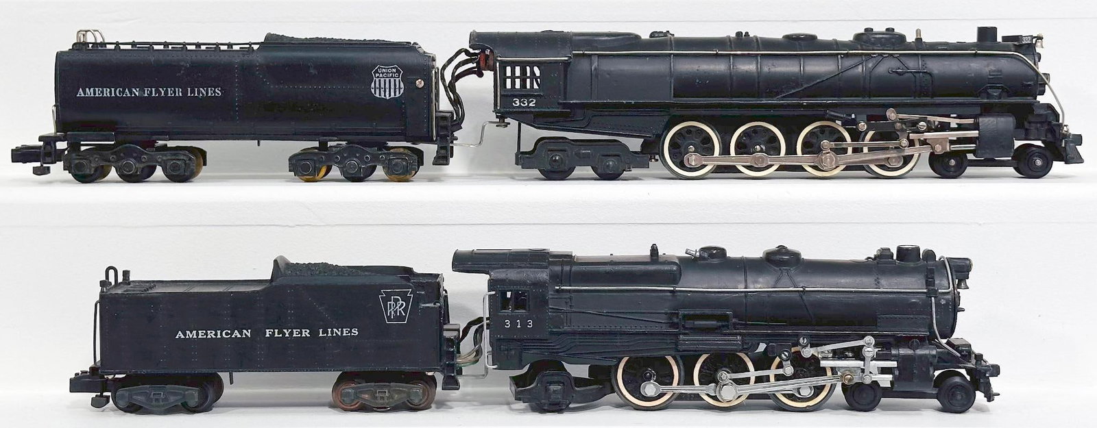 American Flyer Postwar S Gauge 332 UP 4-8-4 Locomotive and Tender/313 PRR 4-6-2 Loco and Tender: American Flyer Postwar S Gauge 332 Union Pacific 4 - 8 - 4 Locomotive and Tender and 313 PRR 4 - 6 - 2 Locomotive and Tender, each in C7. The longest item in this Lot is 22 inches.