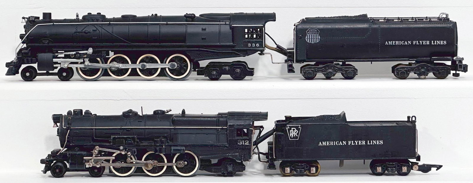American Flyer Postwar S Gauge 336 Union Pacific 4-8-4 Locomotive and Tender/312 PRR 4-6-2 Loco: American Flyer Postwar S Gauge 336 Union Pacific 4 - 8 - 4 Locomotive and Tender and 312 PRR 4 - 6 - 2 Locomotive and Tender, each in C7. The longest item in this Lot is 22 inches.