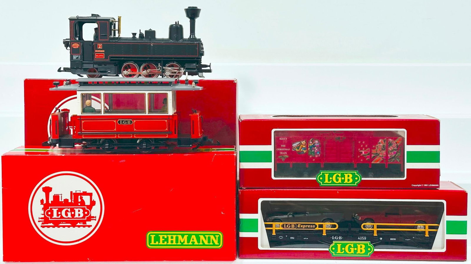 LGB Modern G Scale 2071D Dockside Switcher/2036 Chlordont Trolley/Flat Car with 2 Autos #4059 (1 of 9)