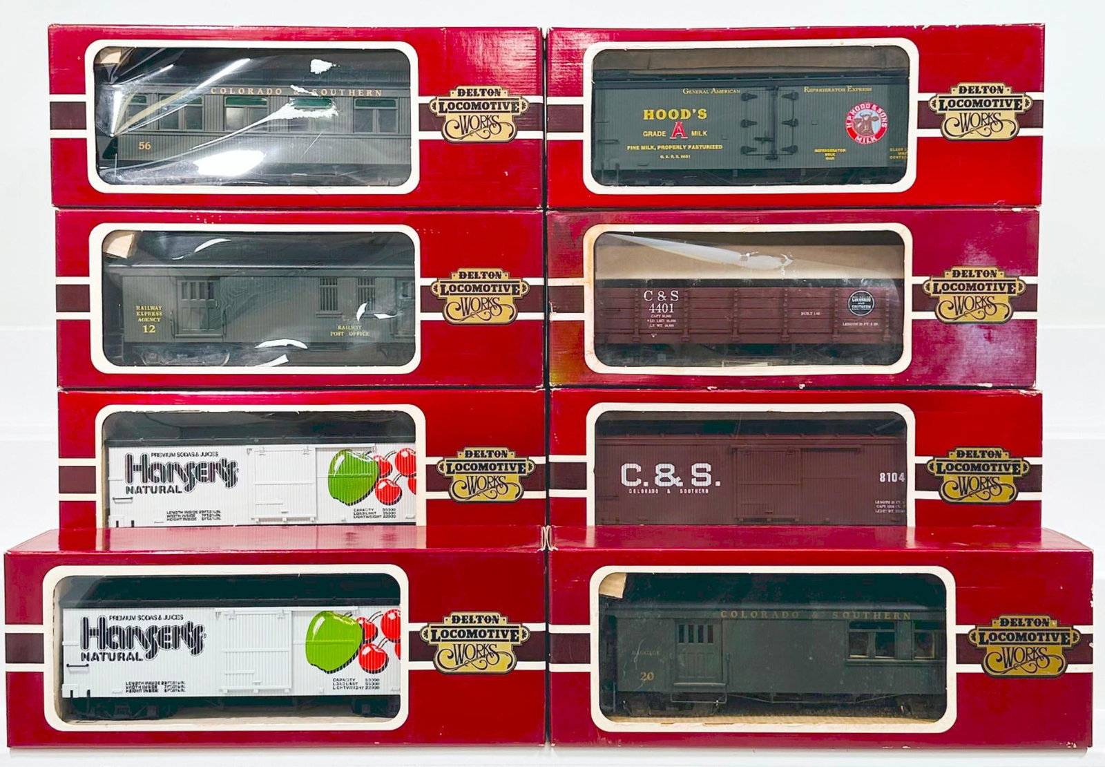Delton Lines Modern G Scale Eight (8) Assorted Freight Cars Boxed: Delton Lines Modern G Scale Eight (8) Assorted Freight Cars Boxed, including Colorado and Southern Gondola, Colorado and Southern Box Car, Colorado and Southern Coach, Hanson's Box Car, Colorado and S
