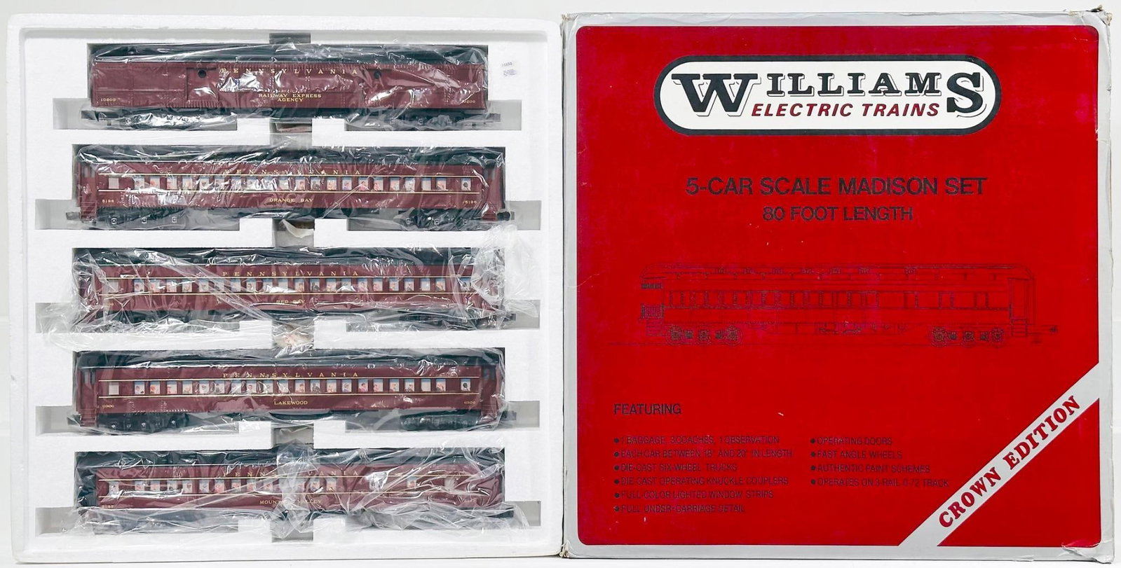 Williams Modern O Gauge PRR 5 Car Passenger Set Boxed: Williams Modern O Gauge PRR 5 Car Passenger Set Boxed, in C8 or better and with its original box that shows moderate wear.