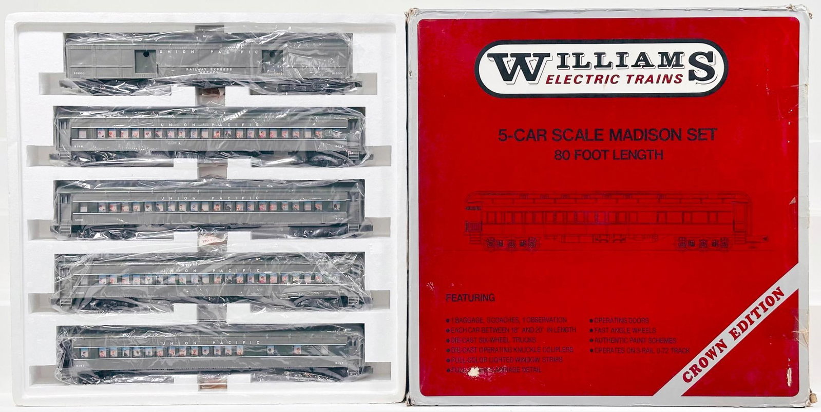 Williams Modern O Gauge Union Pacific Gray 5 Car Passenger Set Boxed: Williams Modern O Gauge Union Pacific Gray 5 Car Passenger Set Boxed, in C8 or better and with its original box that shows moderate wear.